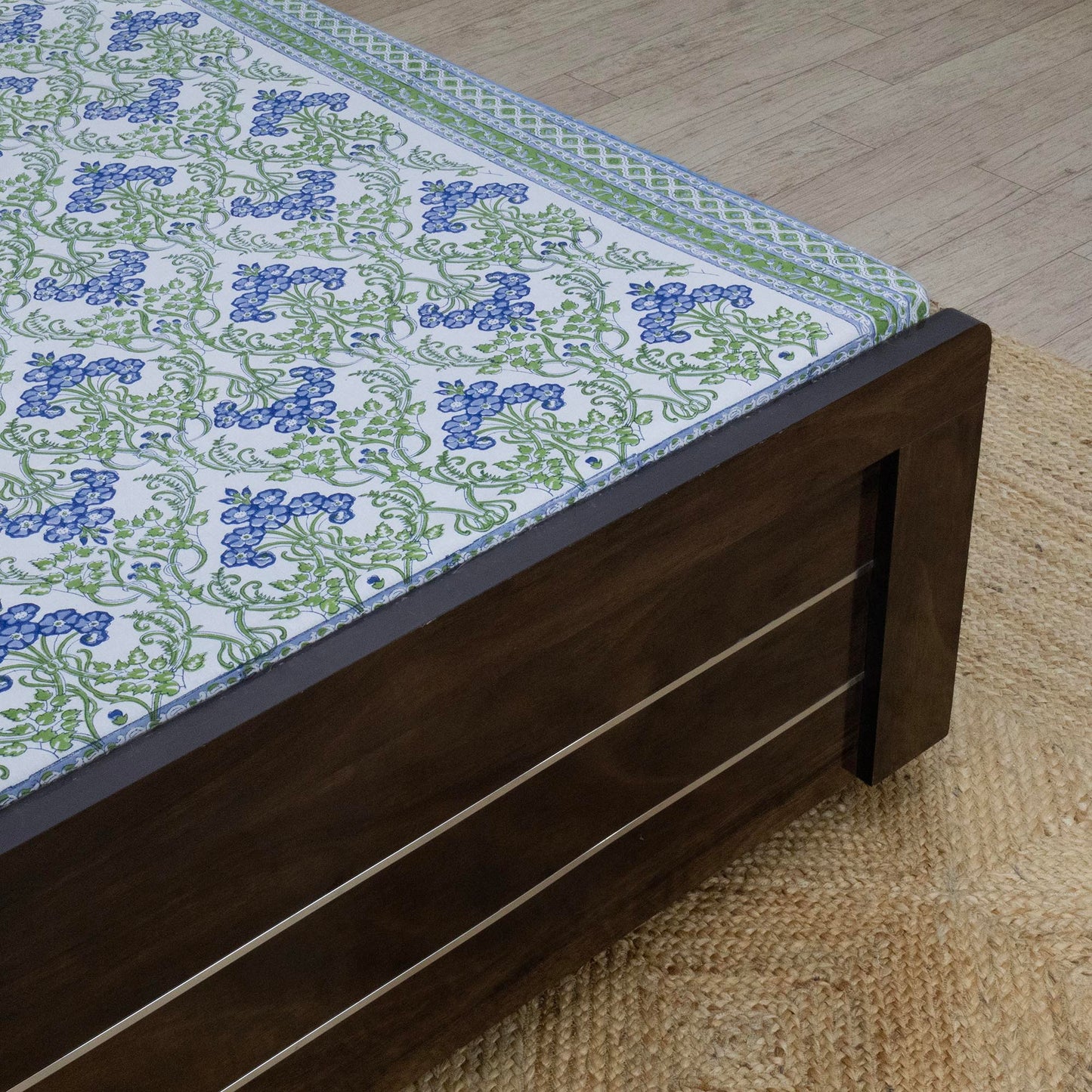 Indian Handmade Block Printed Green and Blue Floral Pattern Cotton Bed sheet For living Room, Kids Room - My Store