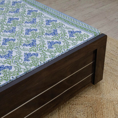 Indian Handmade Block Printed Green and Blue Floral Pattern Cotton Bed sheet For living Room, Kids Room - My Store