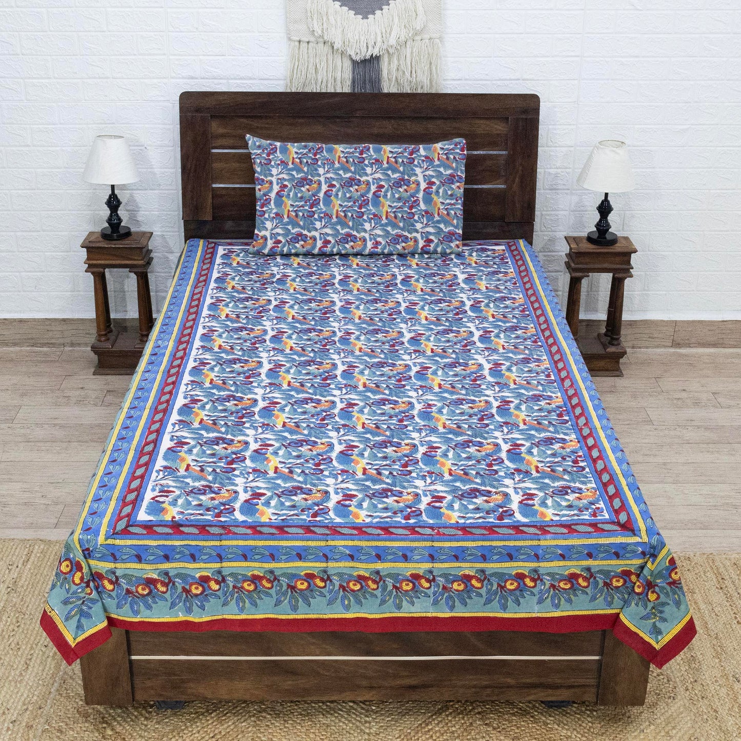 Indian Handmade Block Printed Purple and Red Floral Pattern Cotton Bed sheet For living Room, Kids Room - My Store