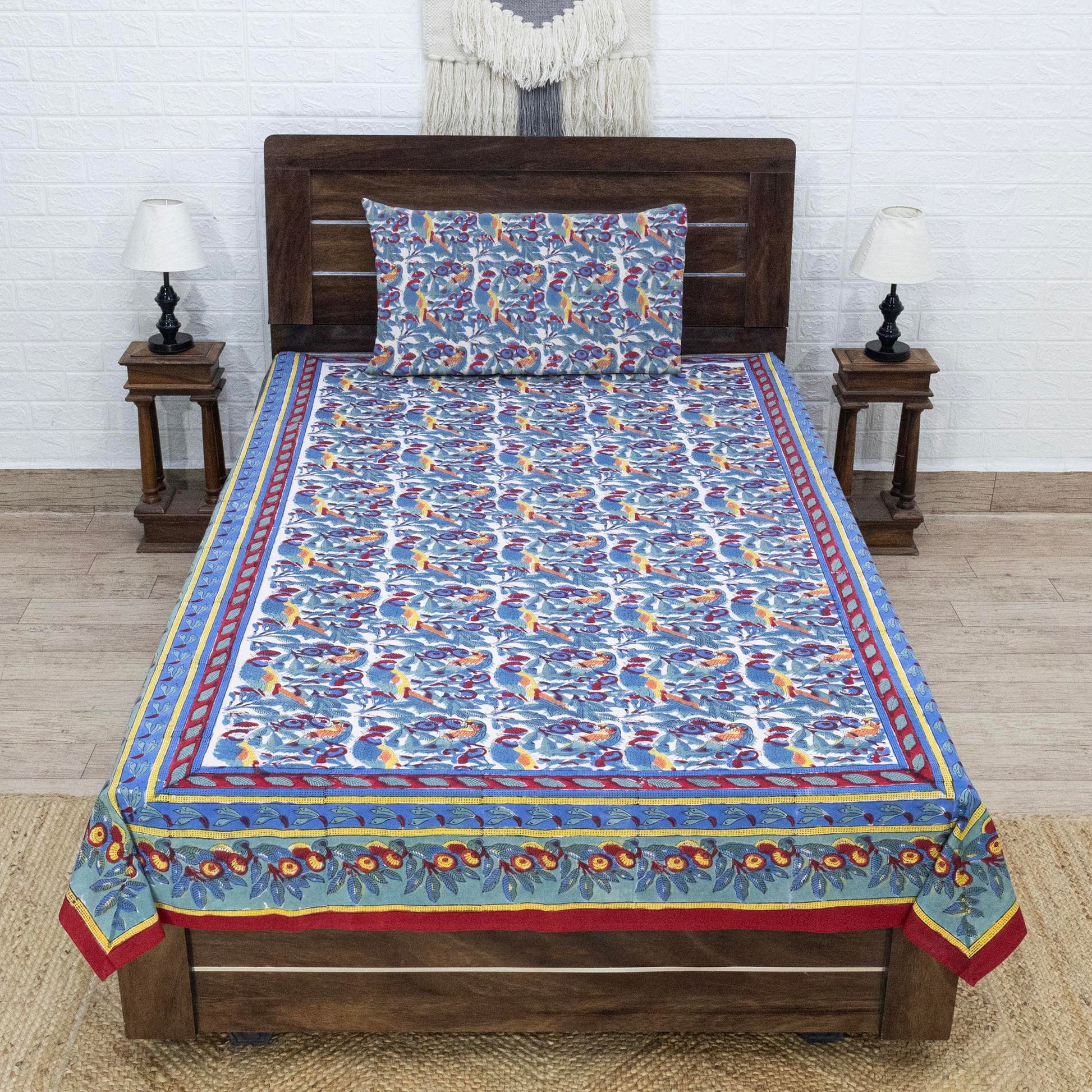 Indian Handmade Block Printed Purple and Red Floral Pattern Cotton Bed sheet For living Room, Kids Room - My Store