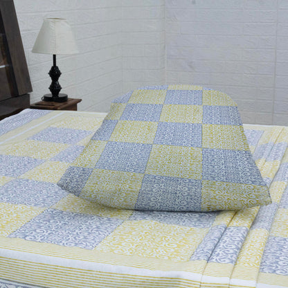 Indian Handmade Block Printed Yellow and Blue Floral Pattern Cotton Bed sheet For living Room, Kids Room - My Store