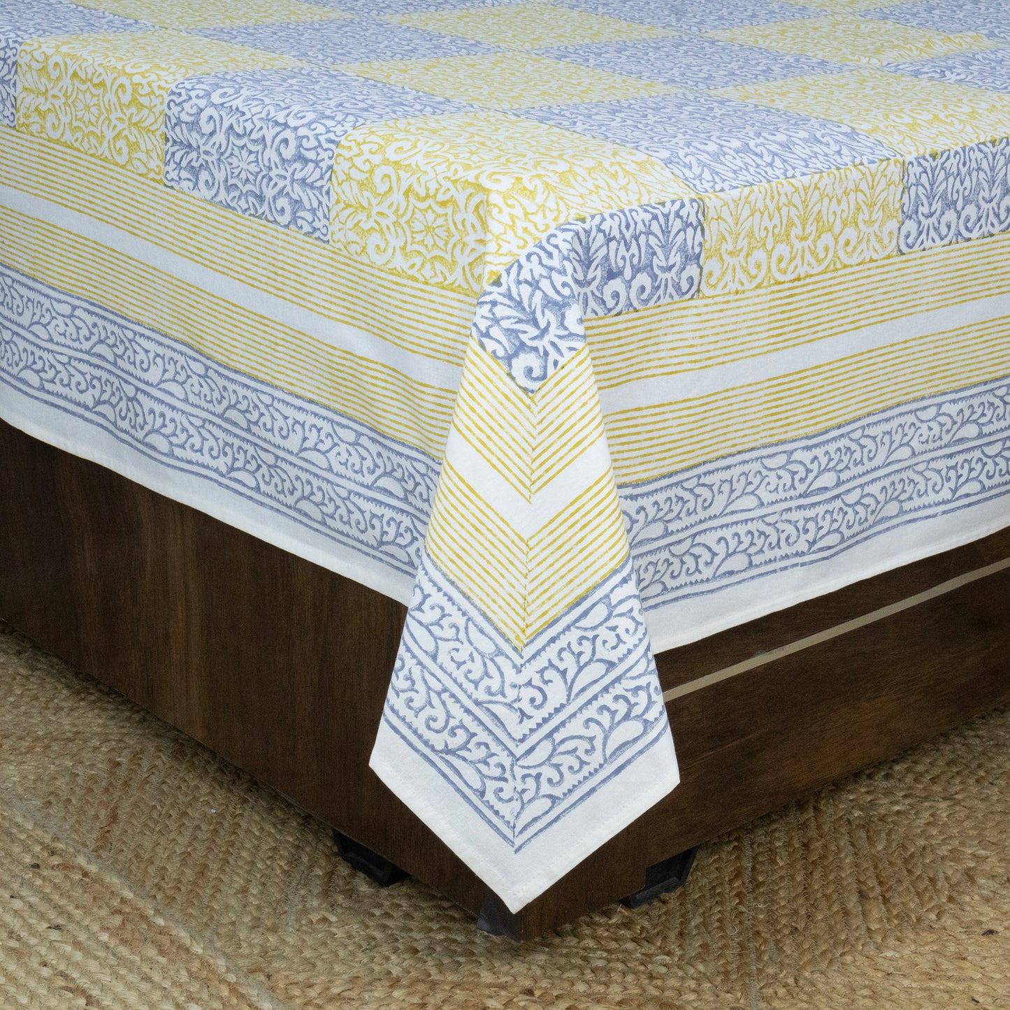 Indian Handmade Block Printed Yellow and Blue Floral Pattern Cotton Bed sheet For living Room, Kids Room - My Store