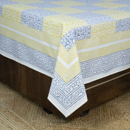 Indian Handmade Block Printed Yellow and Blue Floral Pattern Cotton Bed sheet For living Room, Kids Room - My Store