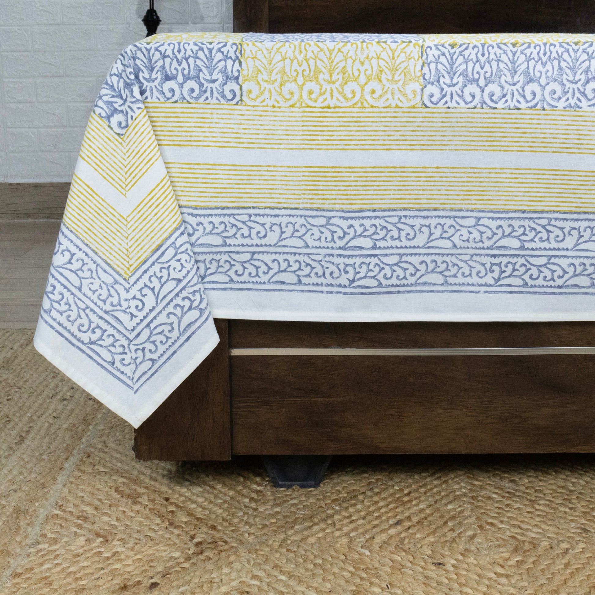 Indian Handmade Block Printed Yellow and Blue Floral Pattern Cotton Bed sheet For living Room, Kids Room - My Store