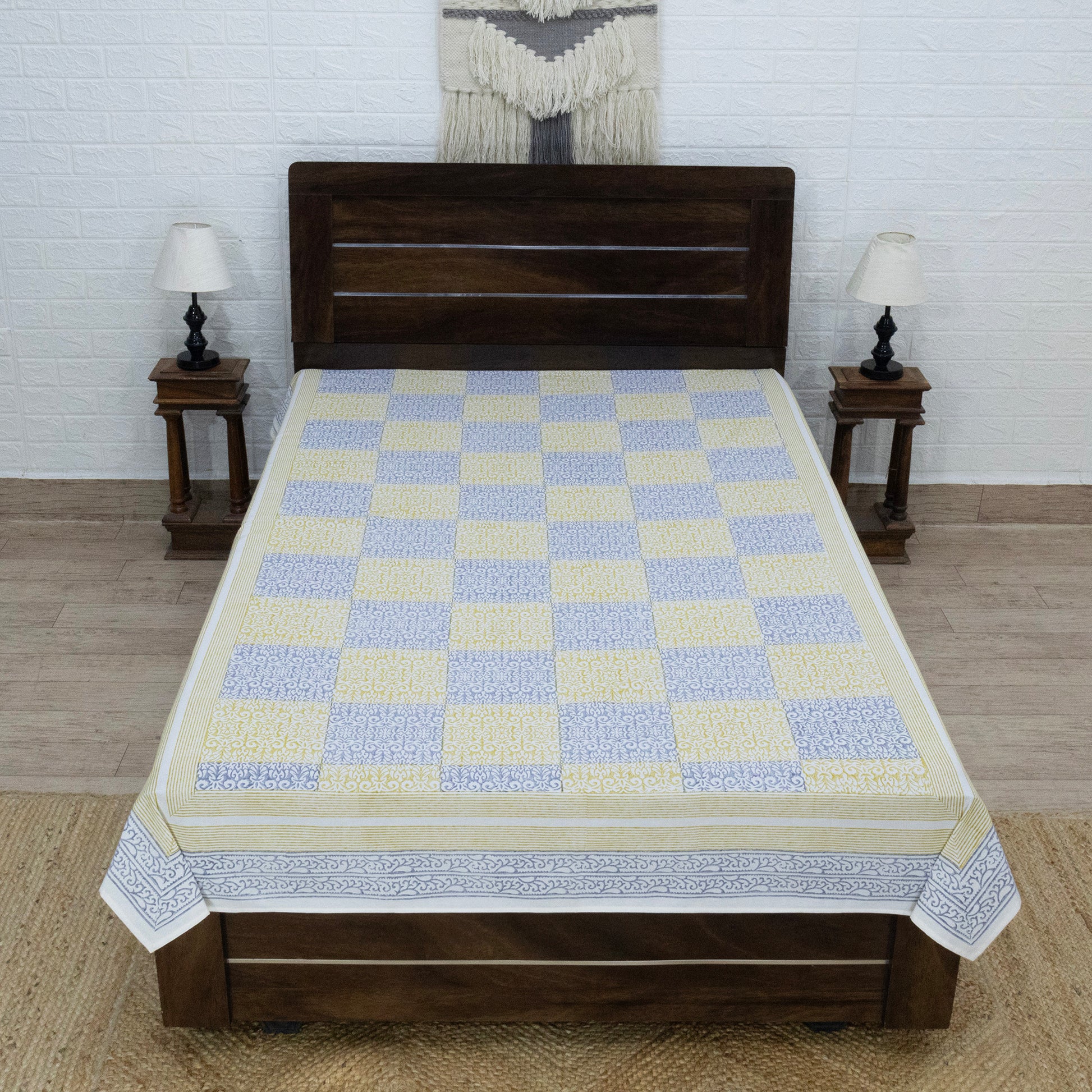 Indian Handmade Block Printed Yellow and Blue Floral Pattern Cotton Bed sheet For living Room, Kids Room - My Store