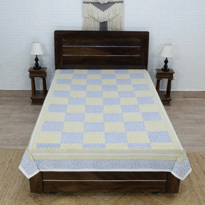 Indian Handmade Block Printed Yellow and Blue Floral Pattern Cotton Bed sheet For living Room, Kids Room - My Store