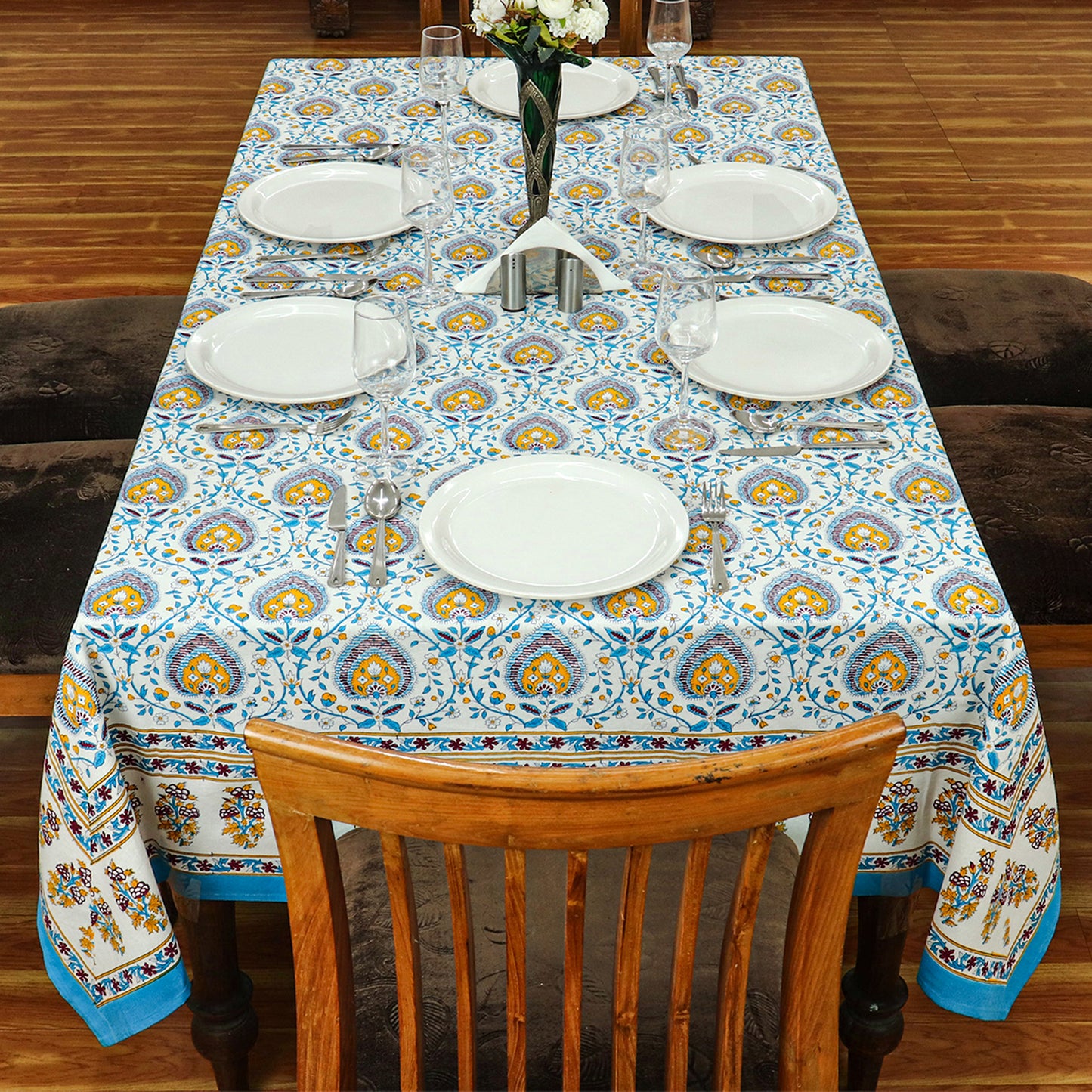 Blue & White Rectangle Tablecloths Block Printed Cotton Table Cover - My Store