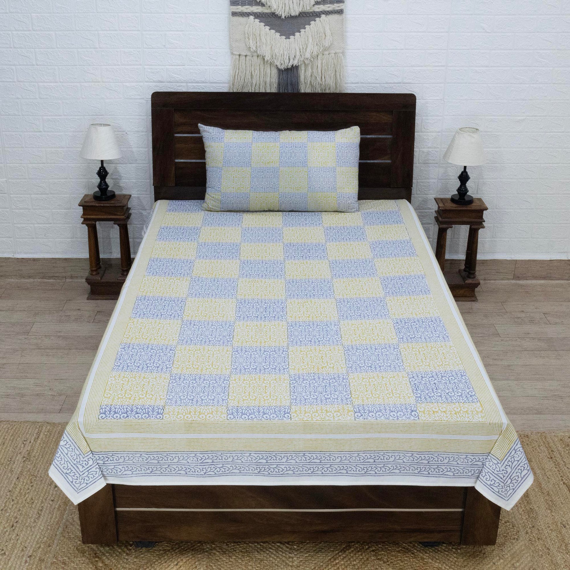 Indian Handmade Block Printed Yellow and Blue Floral Pattern Cotton Bed sheet For living Room, Kids Room - My Store