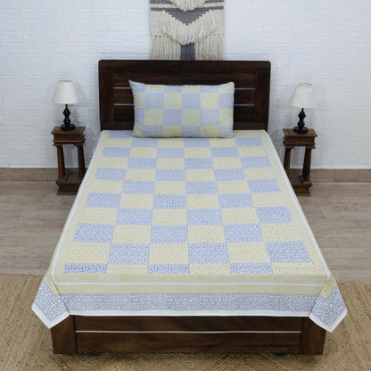 Indian Handmade Block Printed Yellow and Blue Floral Pattern Cotton Bed sheet For living Room, Kids Room - My Store
