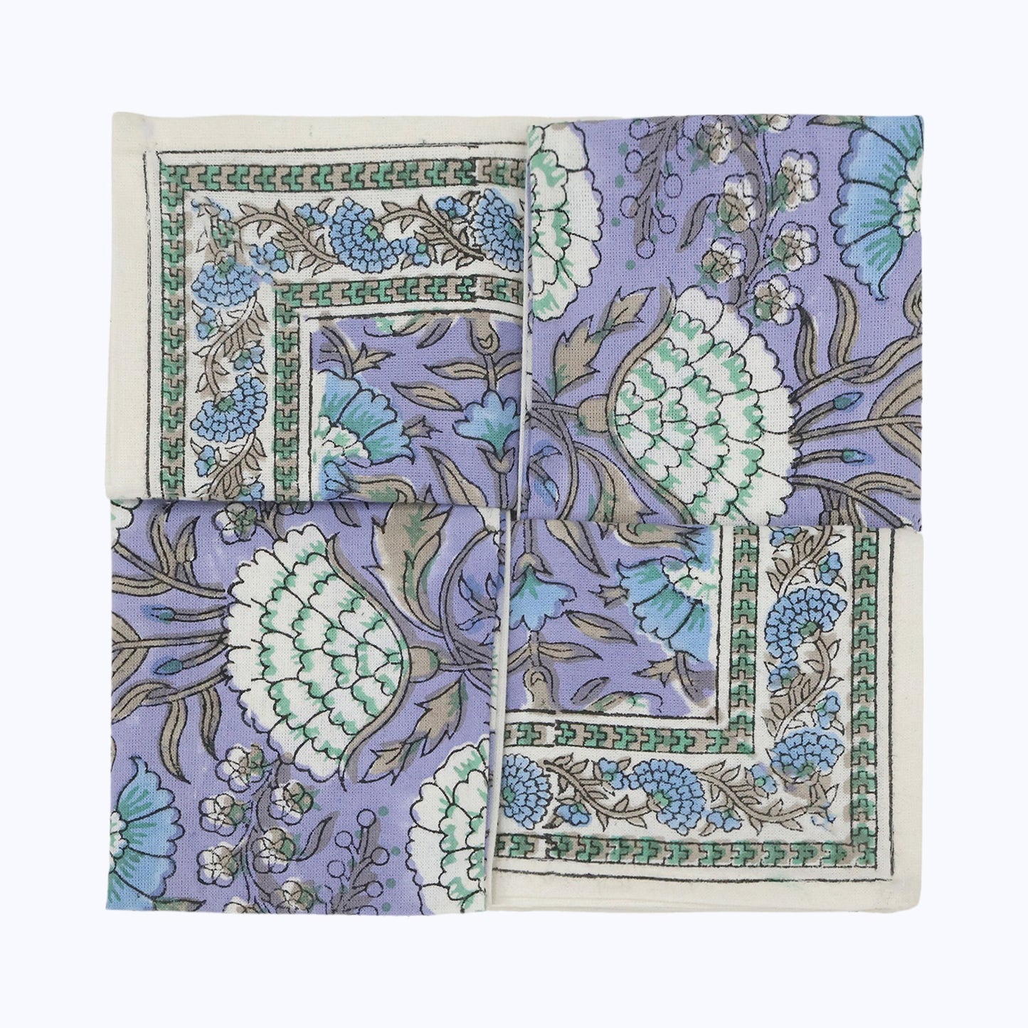 Purple and Green Block Printed Cotton Set Of 4 Napkins - My Store