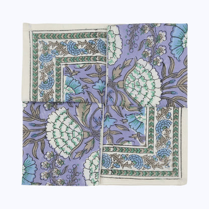 Purple and Green Block Printed Cotton Set Of 4 Napkins - My Store