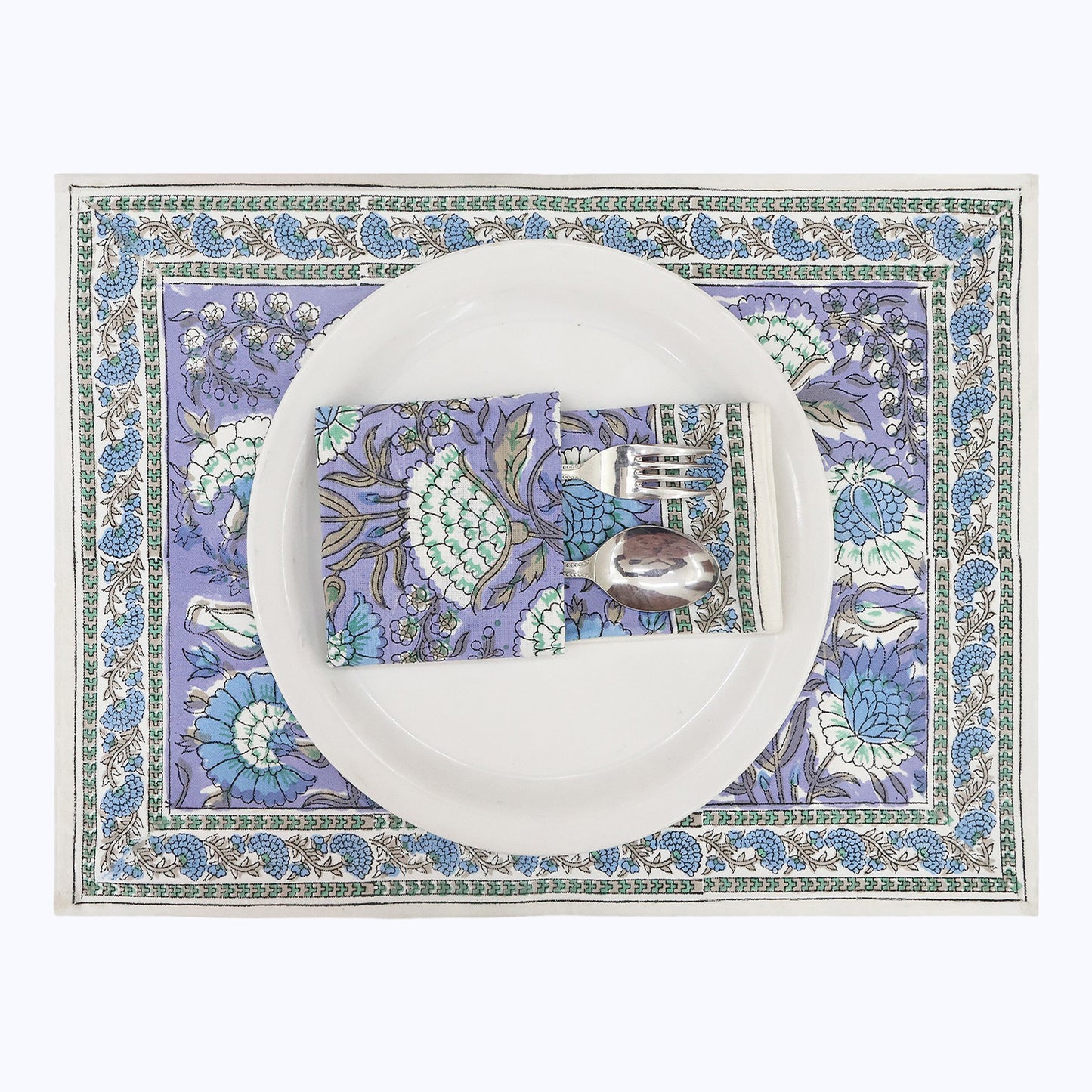 Purple and Green Block Printed Cotton Set Of 4 Napkins - My Store