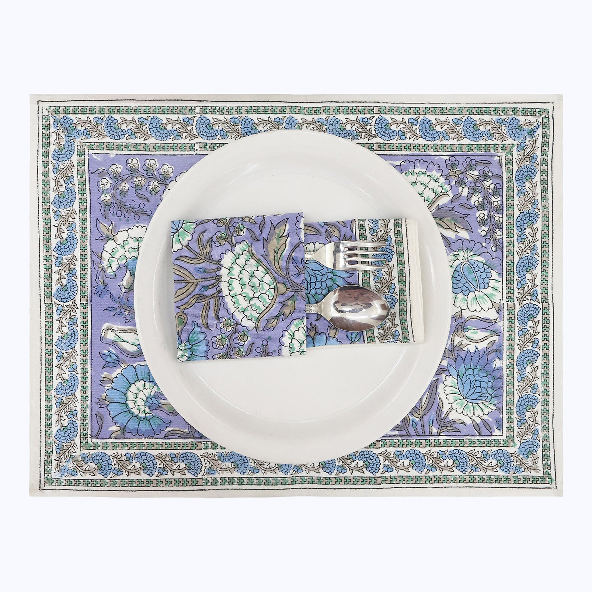 Purple and Green Block Printed Cotton Set Of 4 Napkins - My Store