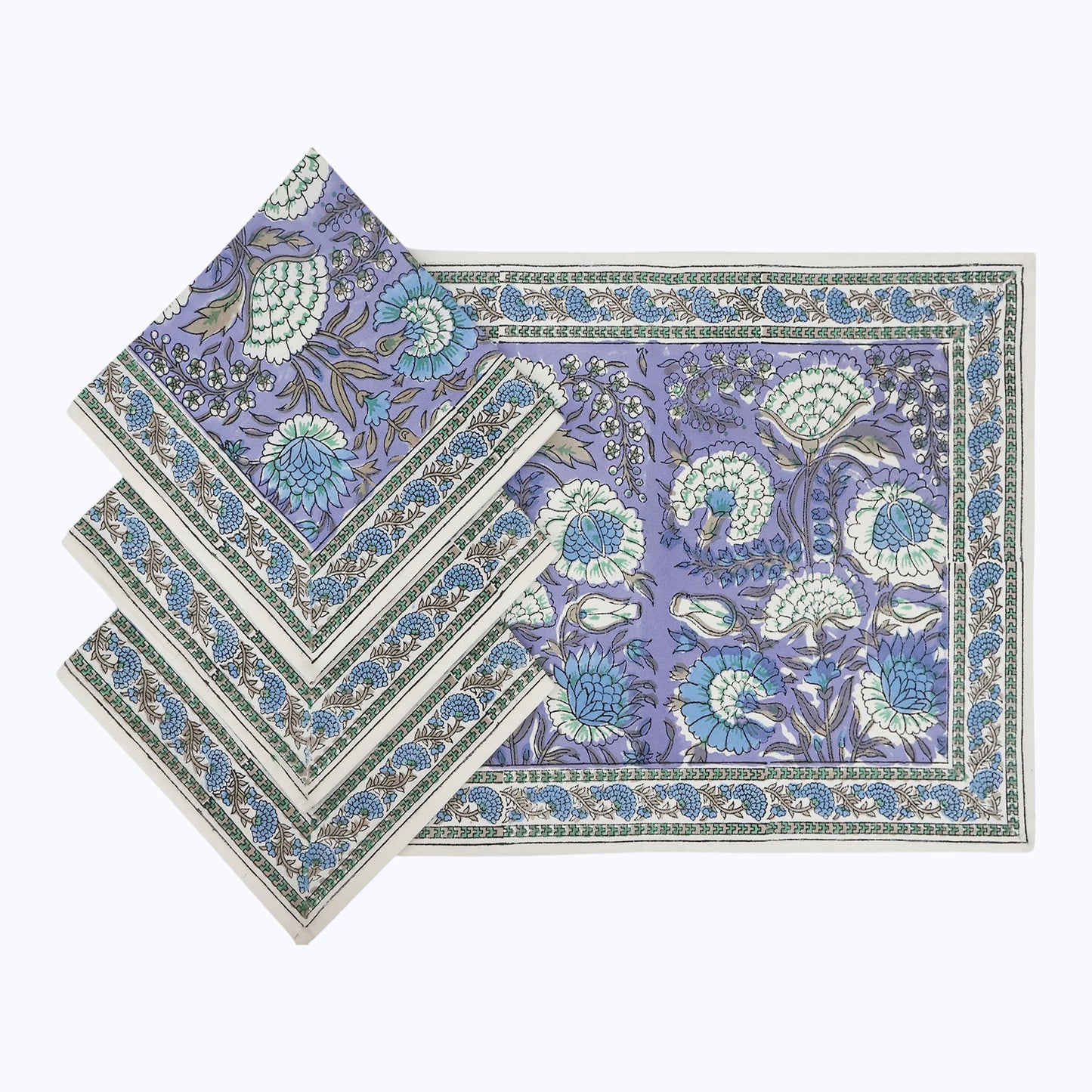 Purple and Green Block Printed Cotton Set Of 4 Napkins - My Store