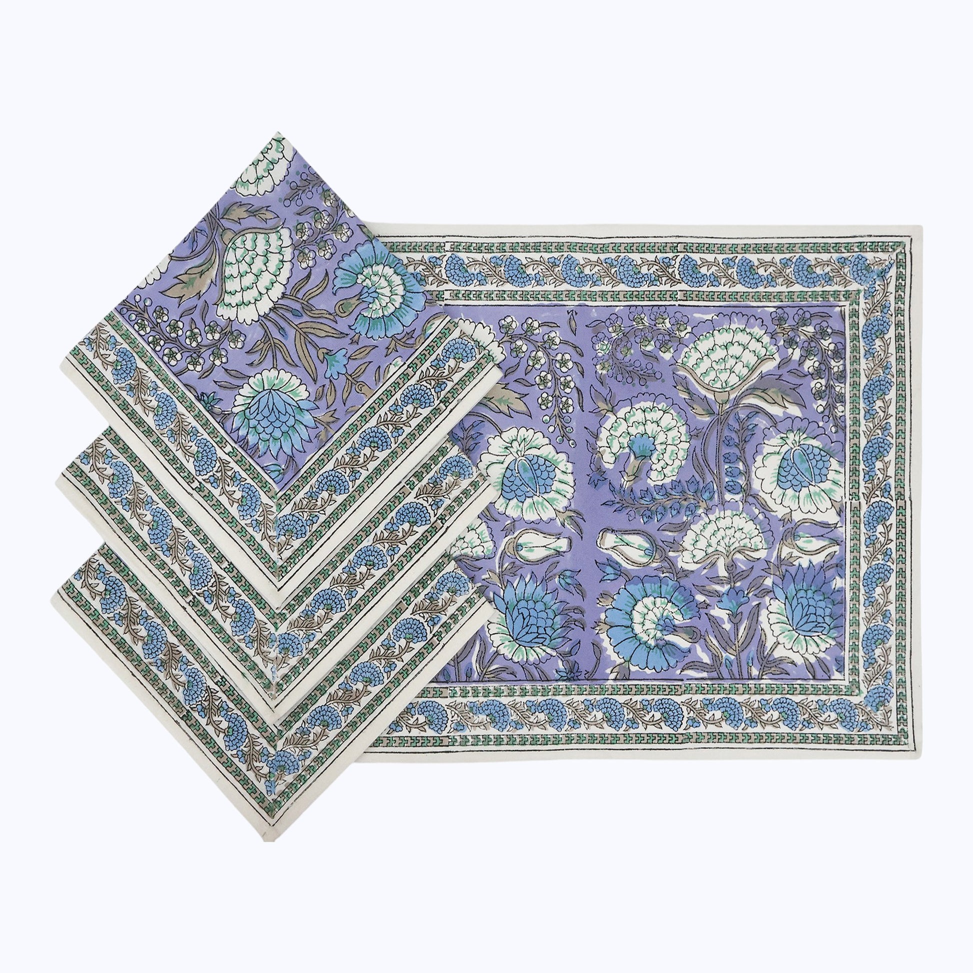 Purple and Green Block Printed Cotton Set Of 4 Napkins - My Store