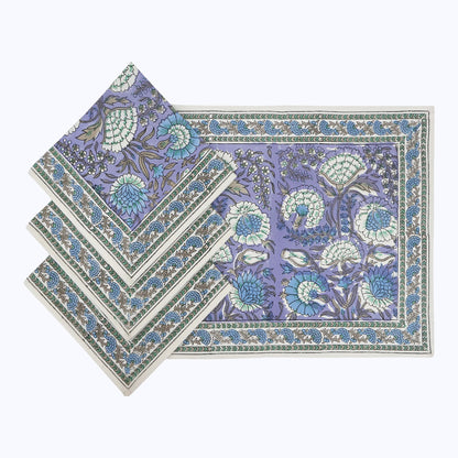 Purple and Green Block Printed Cotton Set Of 4 Napkins - My Store