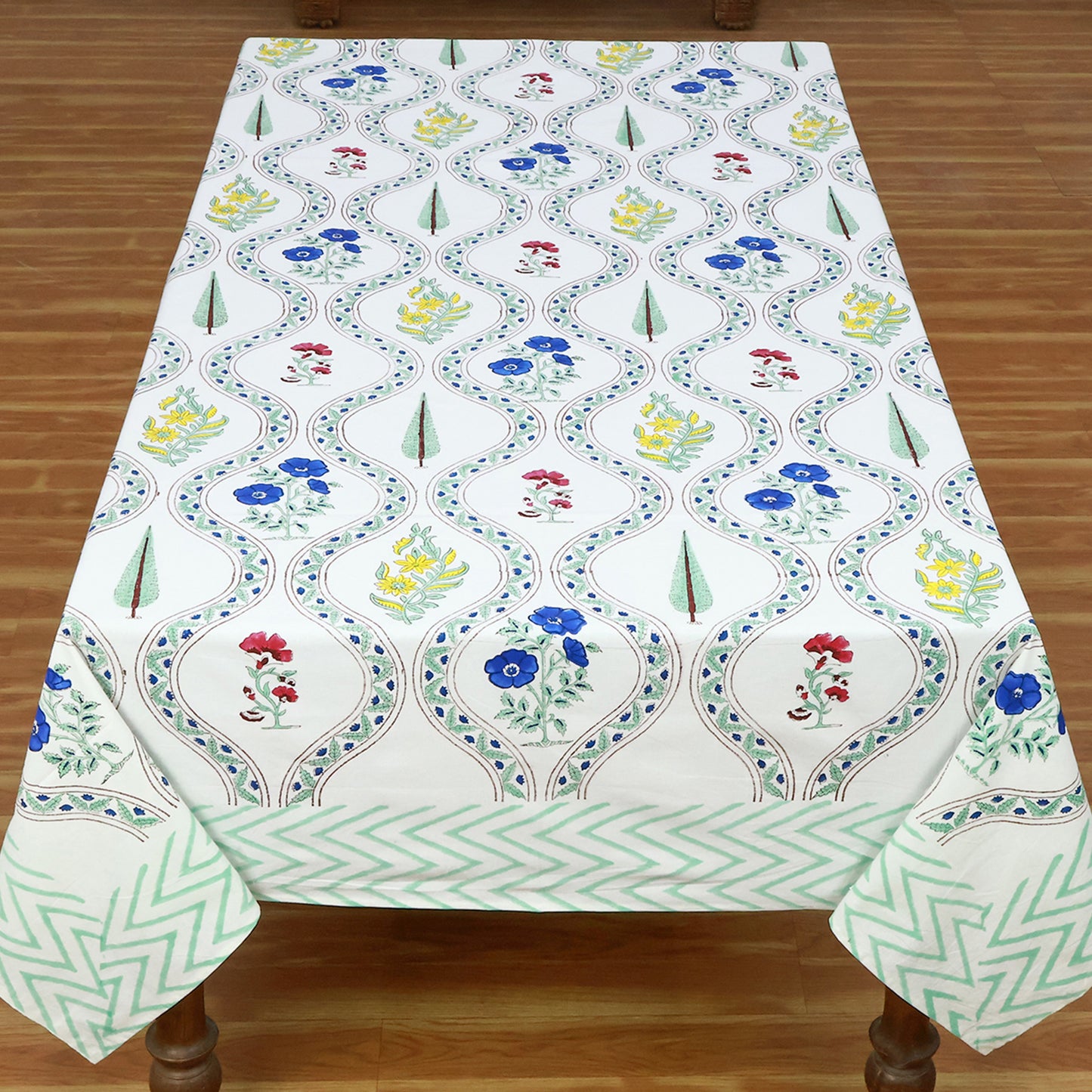 White & Green Hand Block Printed Floral Print Table Cover Pure 100% Rectangle Table Linen - My Store