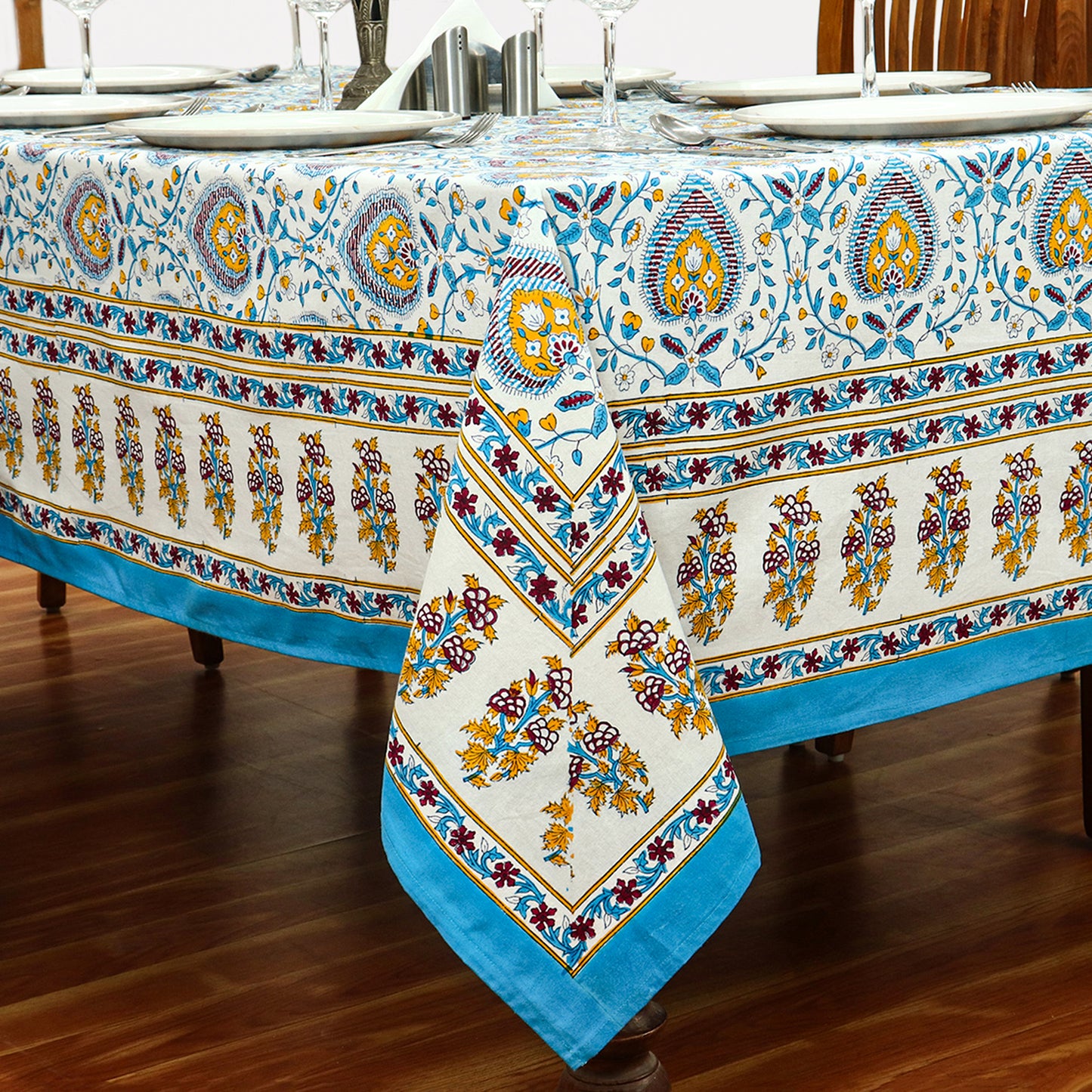 Blue & White Rectangle Tablecloths Block Printed Cotton Table Cover - My Store