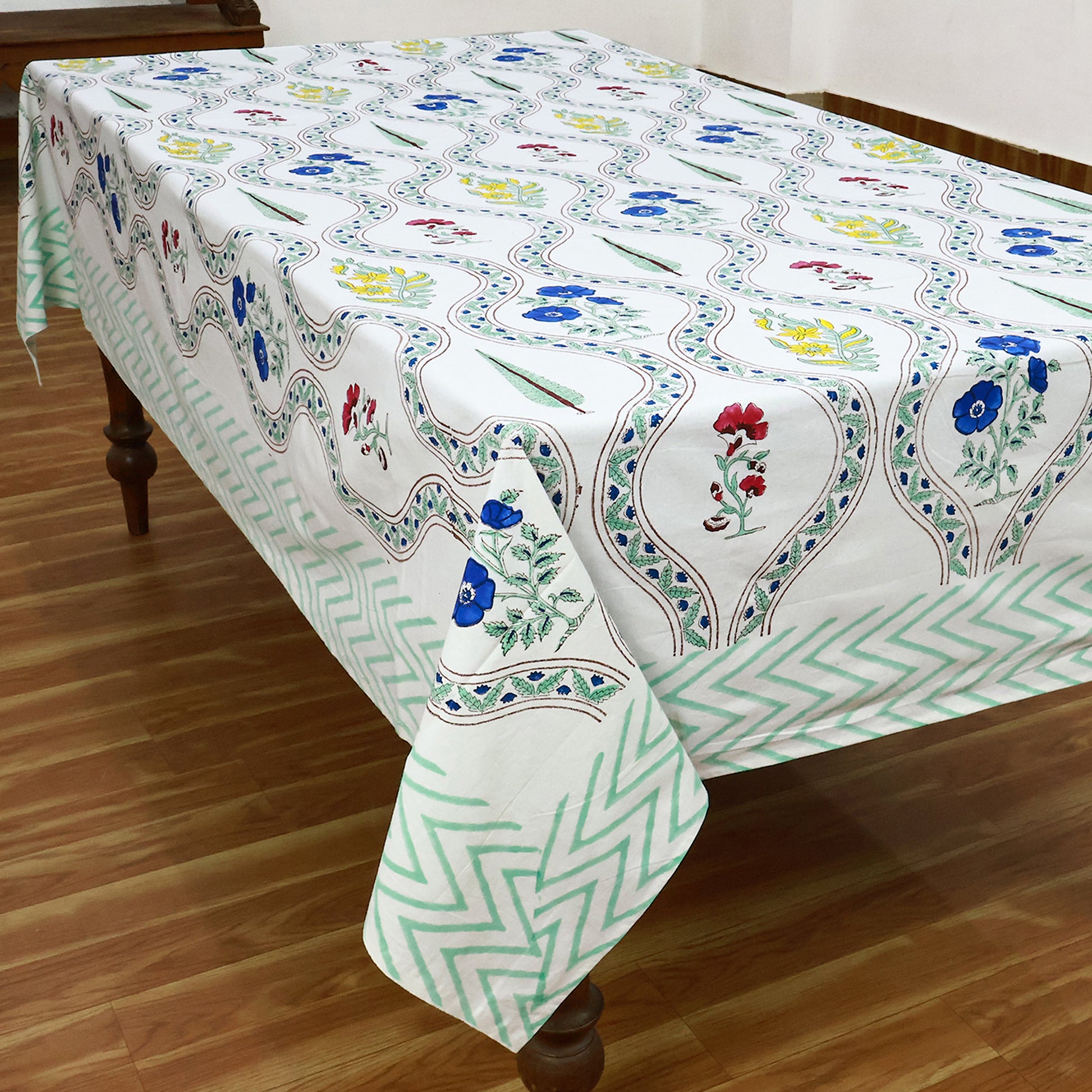 White & Green Hand Block Printed Floral Print Table Cover Pure 100% Rectangle Table Linen - My Store