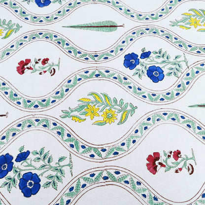 White & Green Hand Block Printed Floral Print Table Cover Pure 100% Rectangle Table Linen - My Store