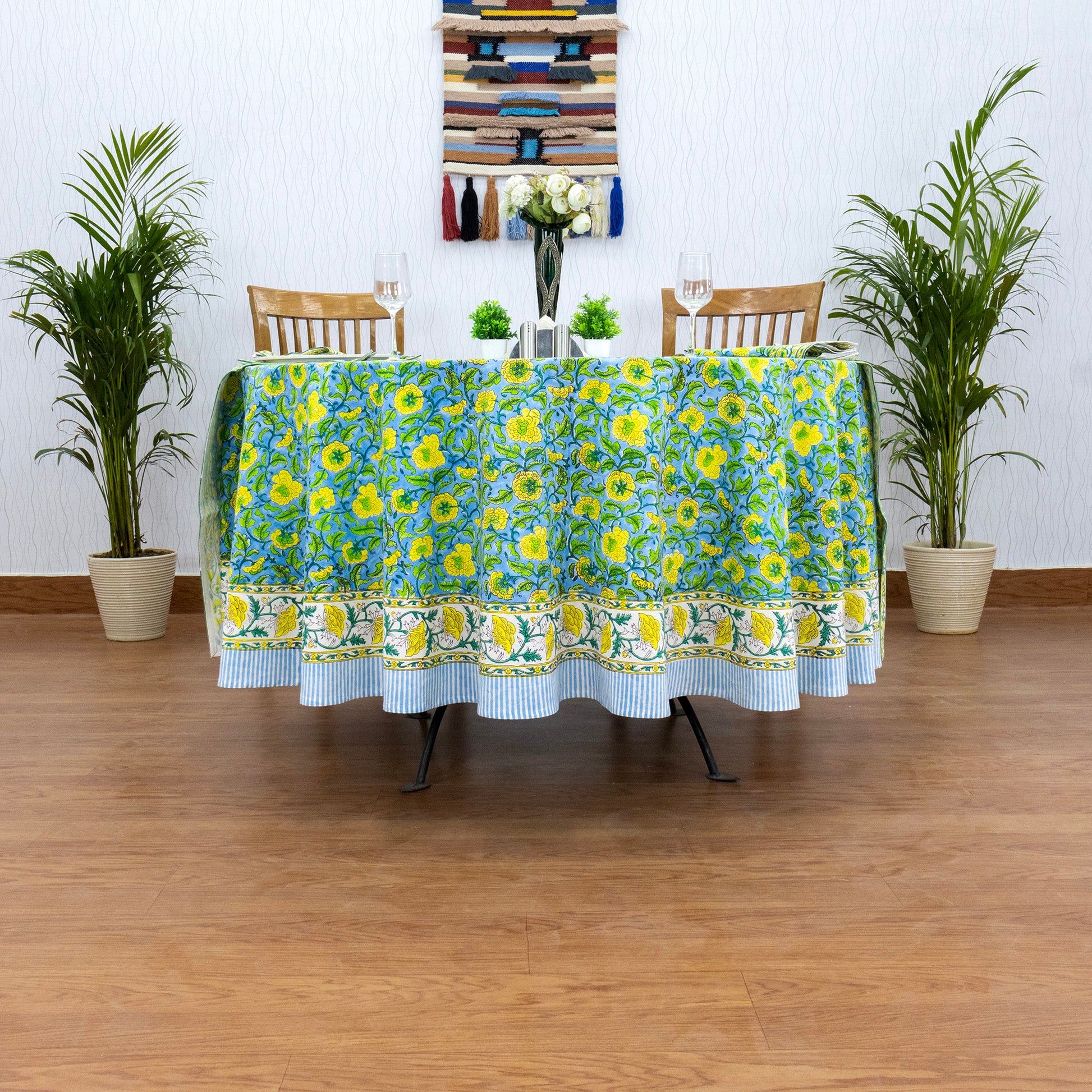 Green and Yellow Handmade Block Printed Cotton Tablecloth - My Store
