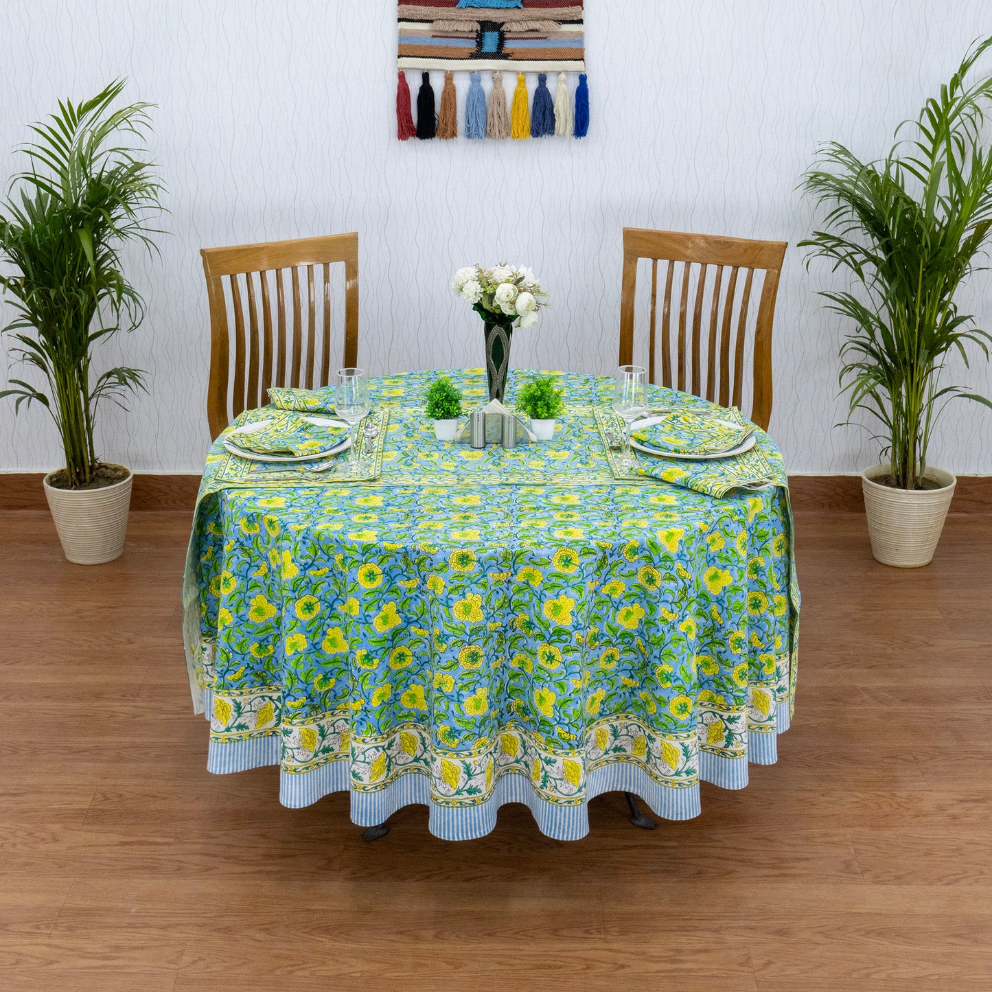 Green and Yellow Handmade Block Printed Cotton Tablecloth - My Store