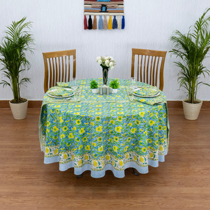 Green and Yellow Handmade Block Printed Cotton Tablecloth - My Store