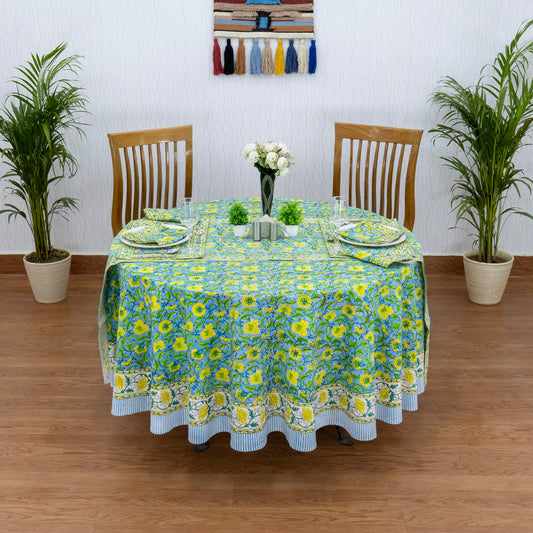 Green and Yellow Handmade Block Printed Cotton Tablecloth - My Store