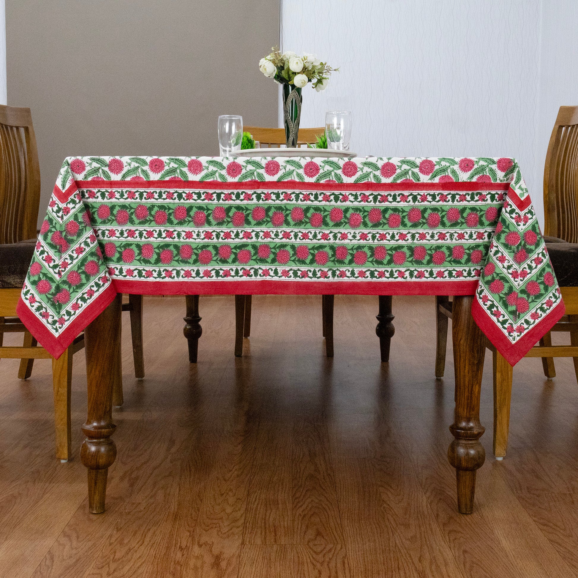 Indian Handmade Block Printed Cotton Green and Pink Rectangle Tablecloth - My Store