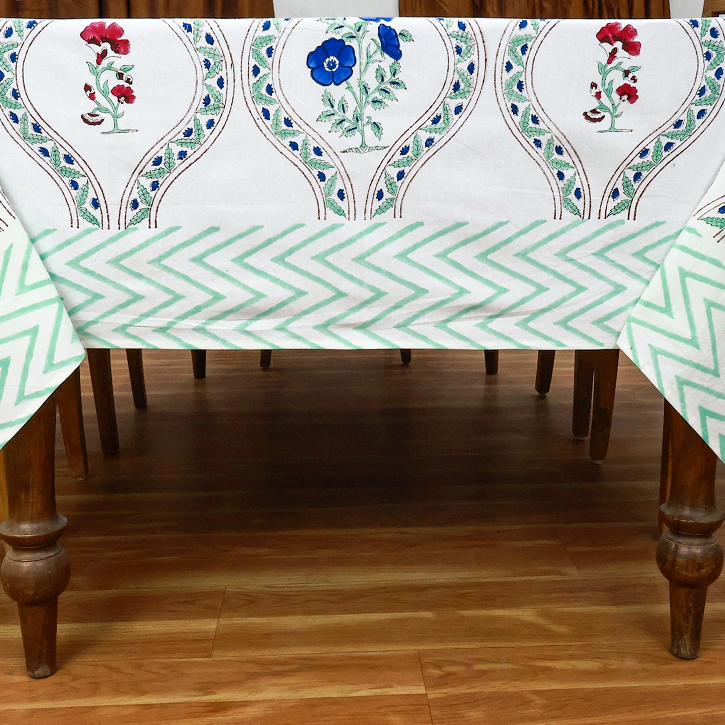 White & Green Hand Block Printed Floral Print Table Cover Pure 100% Rectangle Table Linen - My Store