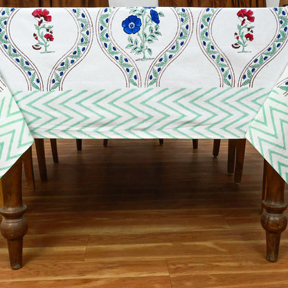 White & Green Hand Block Printed Floral Print Table Cover Pure 100% Rectangle Table Linen - My Store