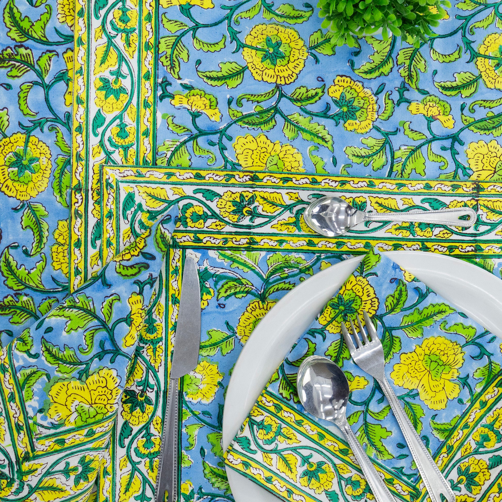 Green and Yellow Handmade Block Printed Cotton Tablecloth - My Store