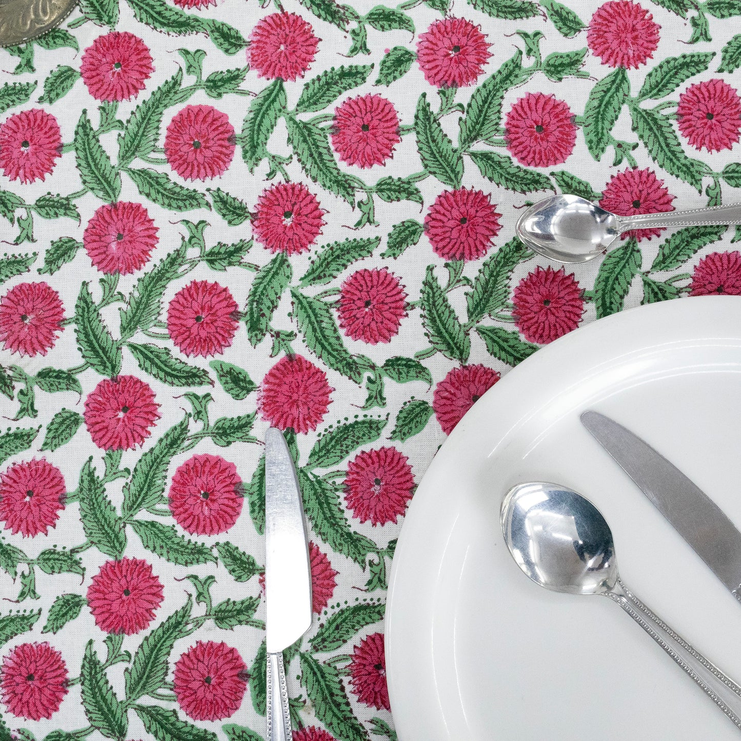 Indian Handmade Block Printed Cotton Green and Pink Rectangle Tablecloth - My Store