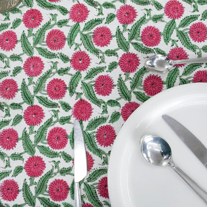 Indian Handmade Block Printed Cotton Green and Pink Rectangle Tablecloth - My Store