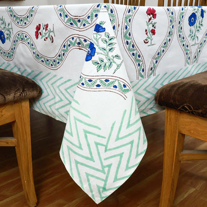 White & Green Hand Block Printed Floral Print Table Cover Pure 100% Rectangle Table Linen - My Store