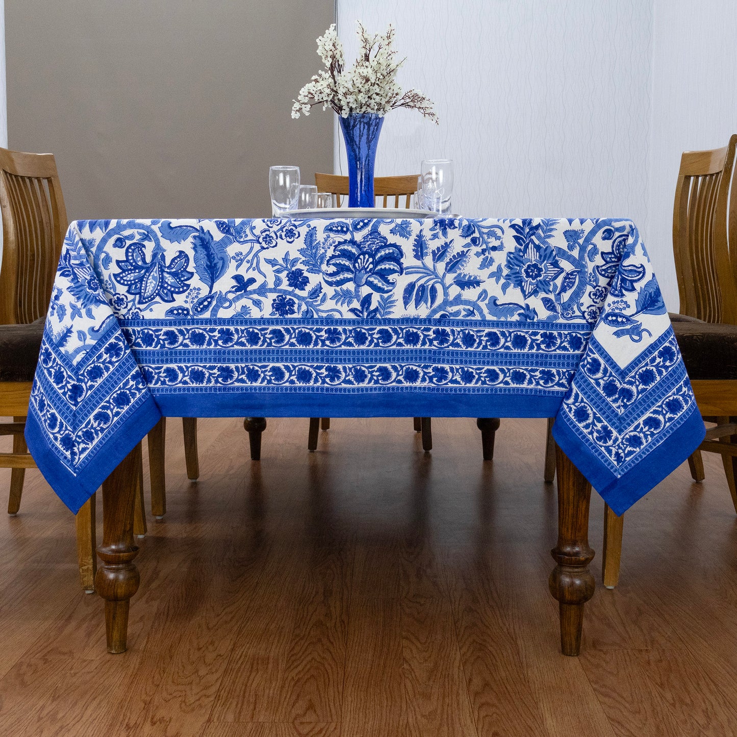 Indian Handmade Block Printed Cotton Blue and White Rectangle Tablecloth - My Store