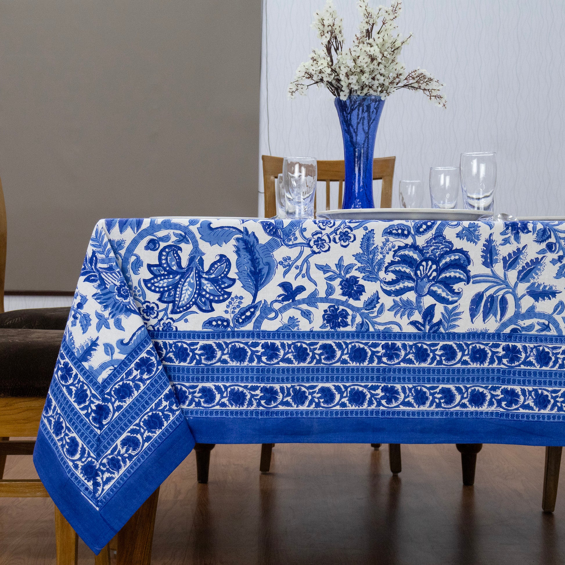 Indian Handmade Block Printed Cotton Blue and White Rectangle Tablecloth - My Store