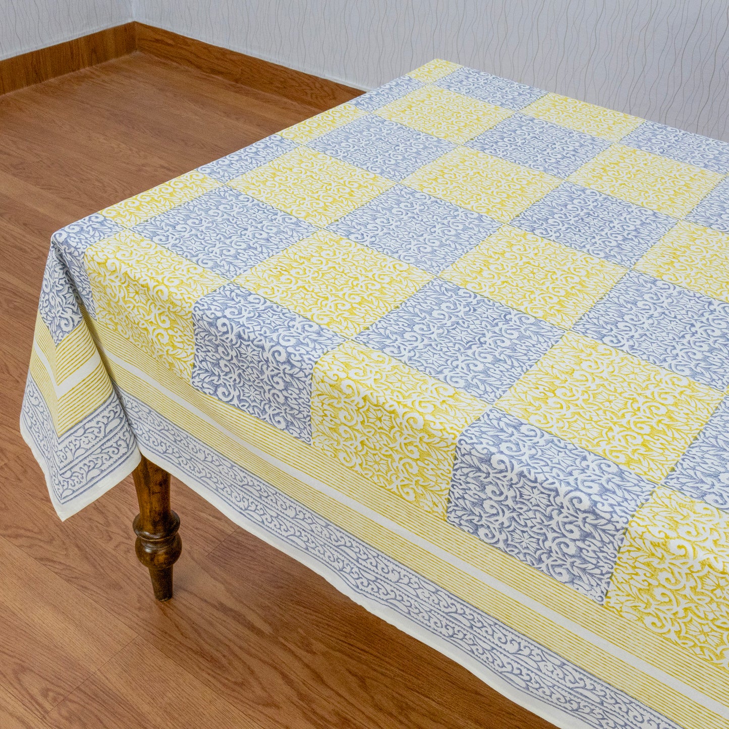 Indian Handmade Block Printed Cotton Yellow and Blue Rectangle Tablecloth - My Store