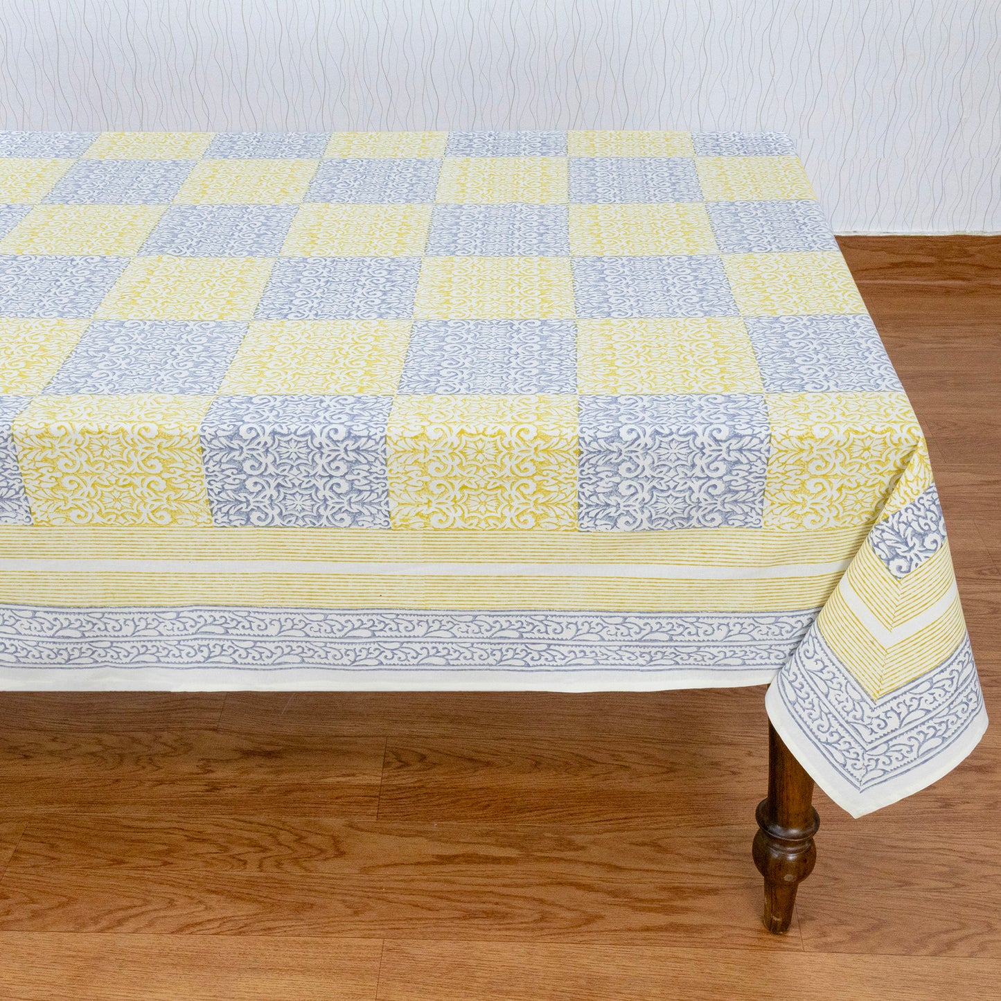 Indian Handmade Block Printed Cotton Yellow and Blue Rectangle Tablecloth - My Store