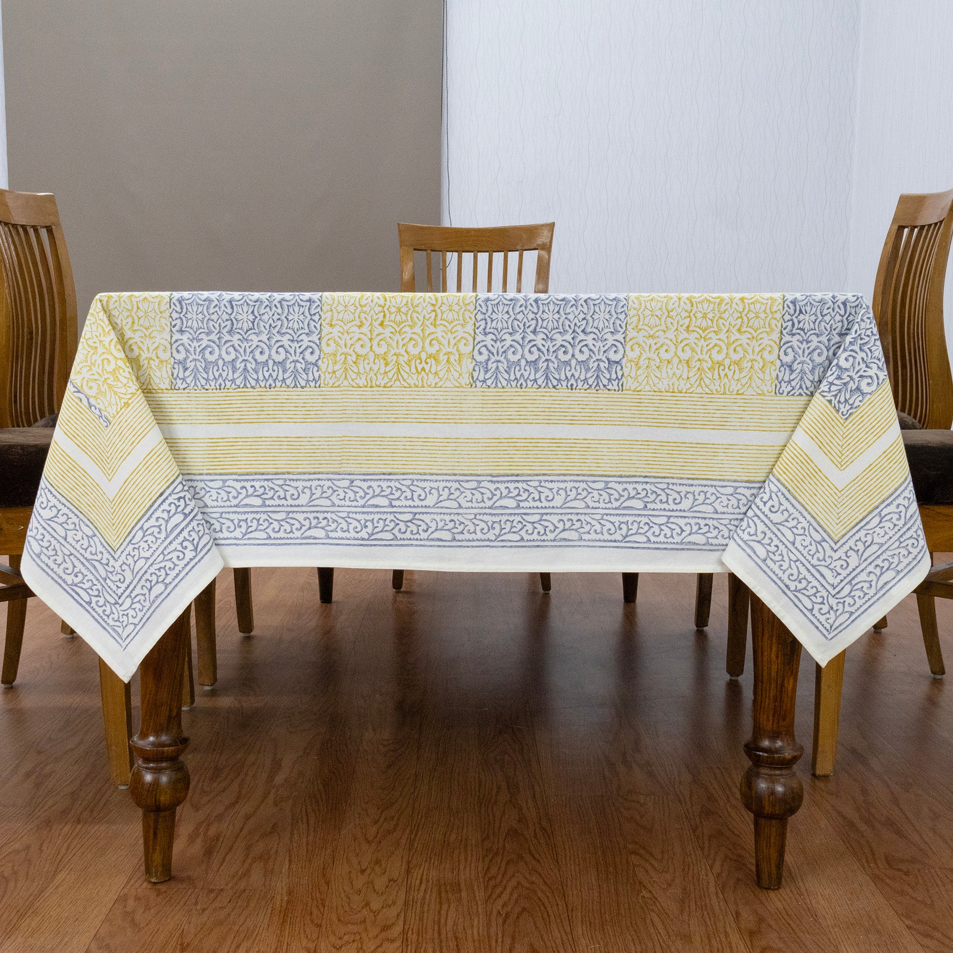 Indian Handmade Block Printed Cotton Yellow and Blue Rectangle Tablecloth - My Store