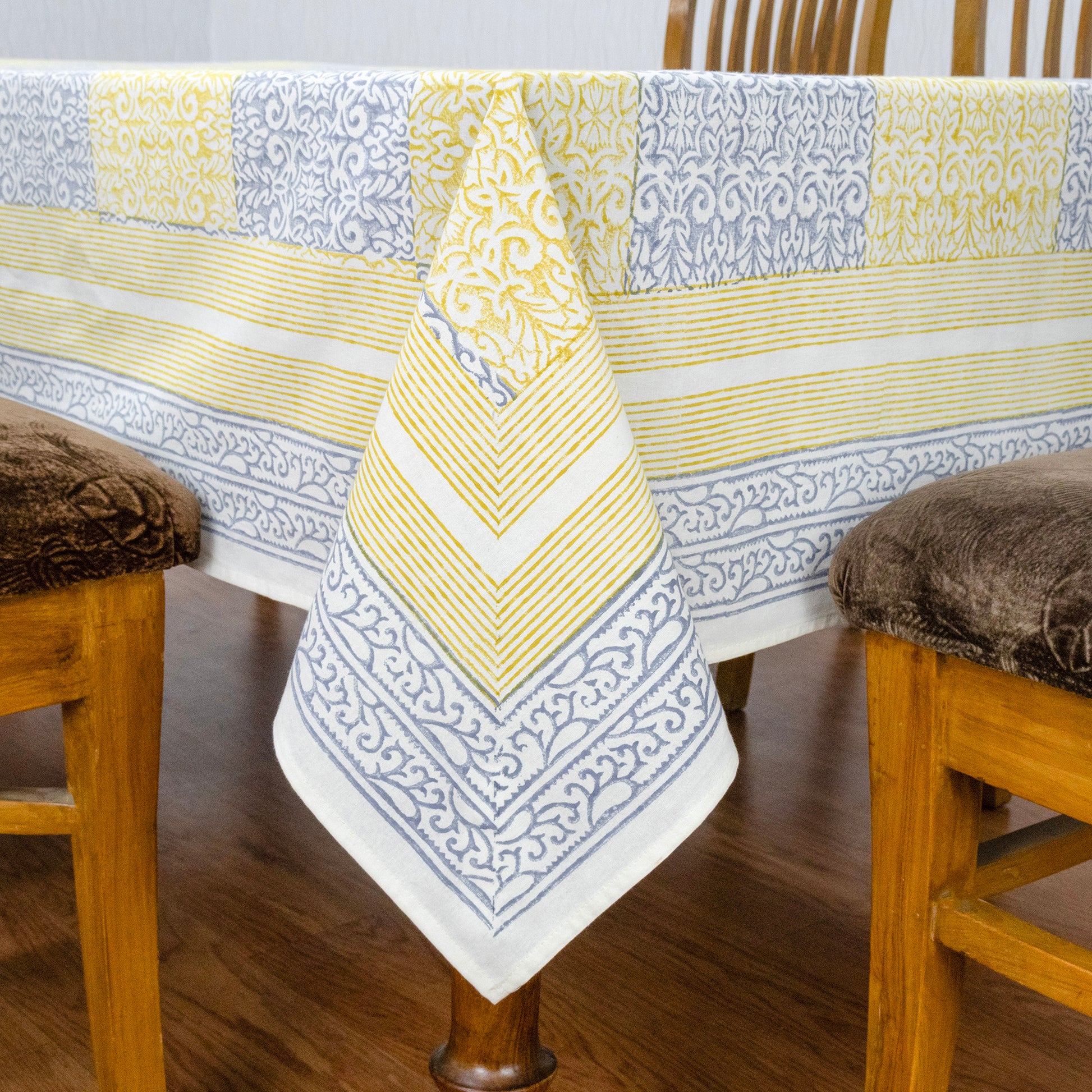 Indian Handmade Block Printed Cotton Yellow and Blue Rectangle Tablecloth - My Store