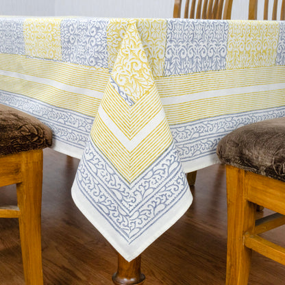 Indian Handmade Block Printed Cotton Yellow and Blue Rectangle Tablecloth - My Store