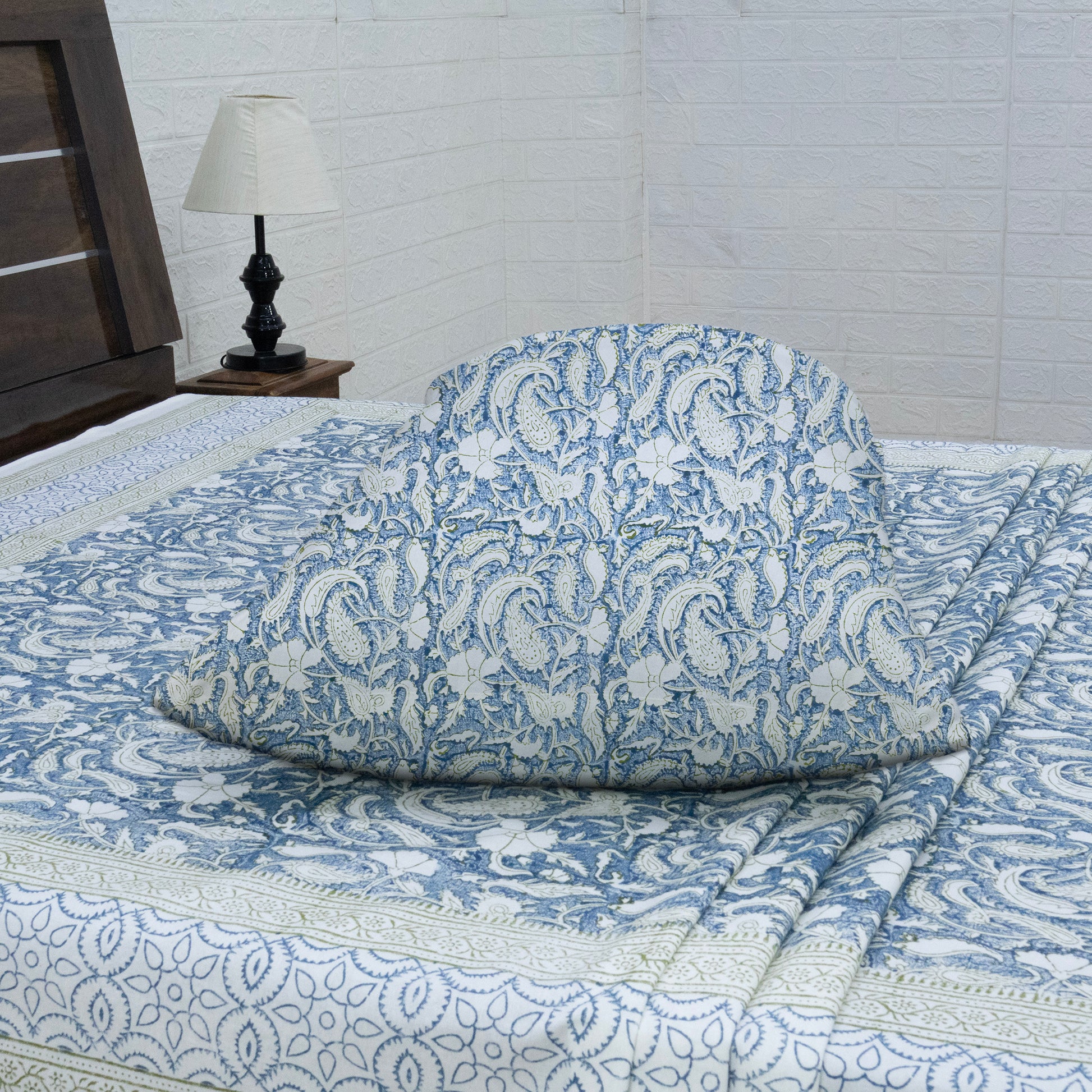 Indian Handmade Block Printed Blue and Gray Floral Pattern Cotton Bed sheet For living Room, Kids Room - My Store