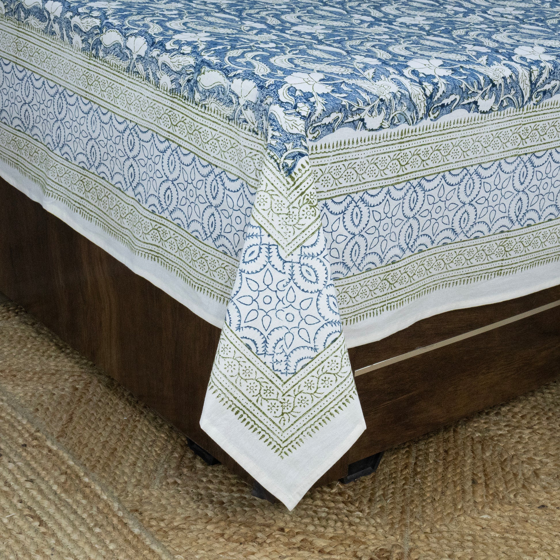 Indian Handmade Block Printed Blue and Gray Floral Pattern Cotton Bed sheet For living Room, Kids Room - My Store