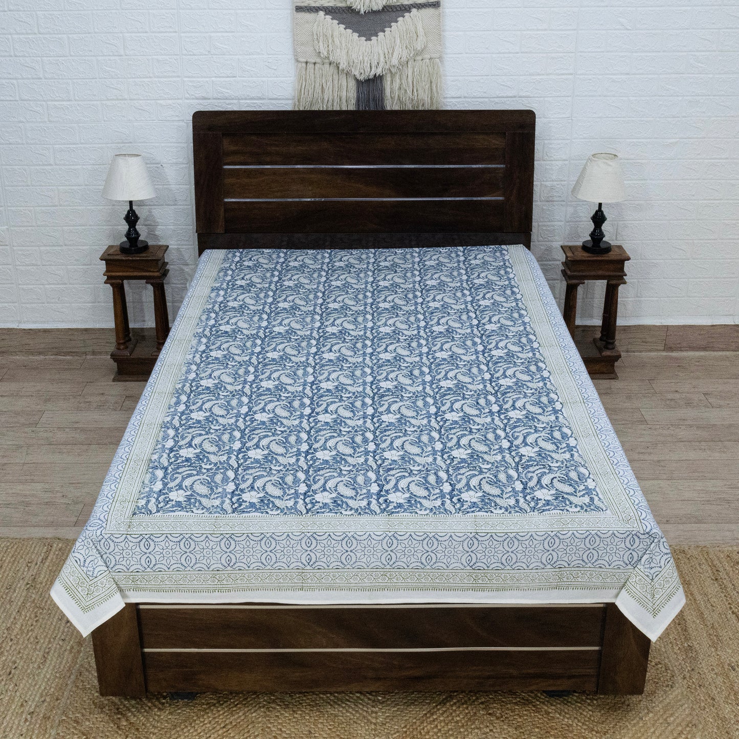 Indian Handmade Block Printed Blue and Gray Floral Pattern Cotton Bed sheet For living Room, Kids Room - My Store