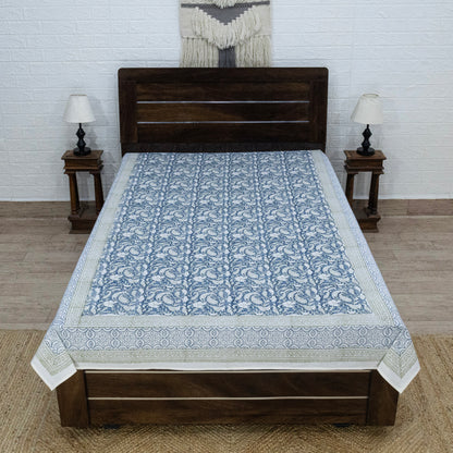 Indian Handmade Block Printed Blue and Gray Floral Pattern Cotton Bed sheet For living Room, Kids Room - My Store
