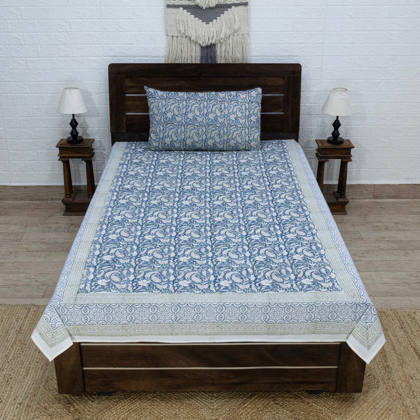 Indian Handmade Block Printed Blue and Gray Floral Pattern Cotton Bed sheet For living Room, Kids Room - My Store