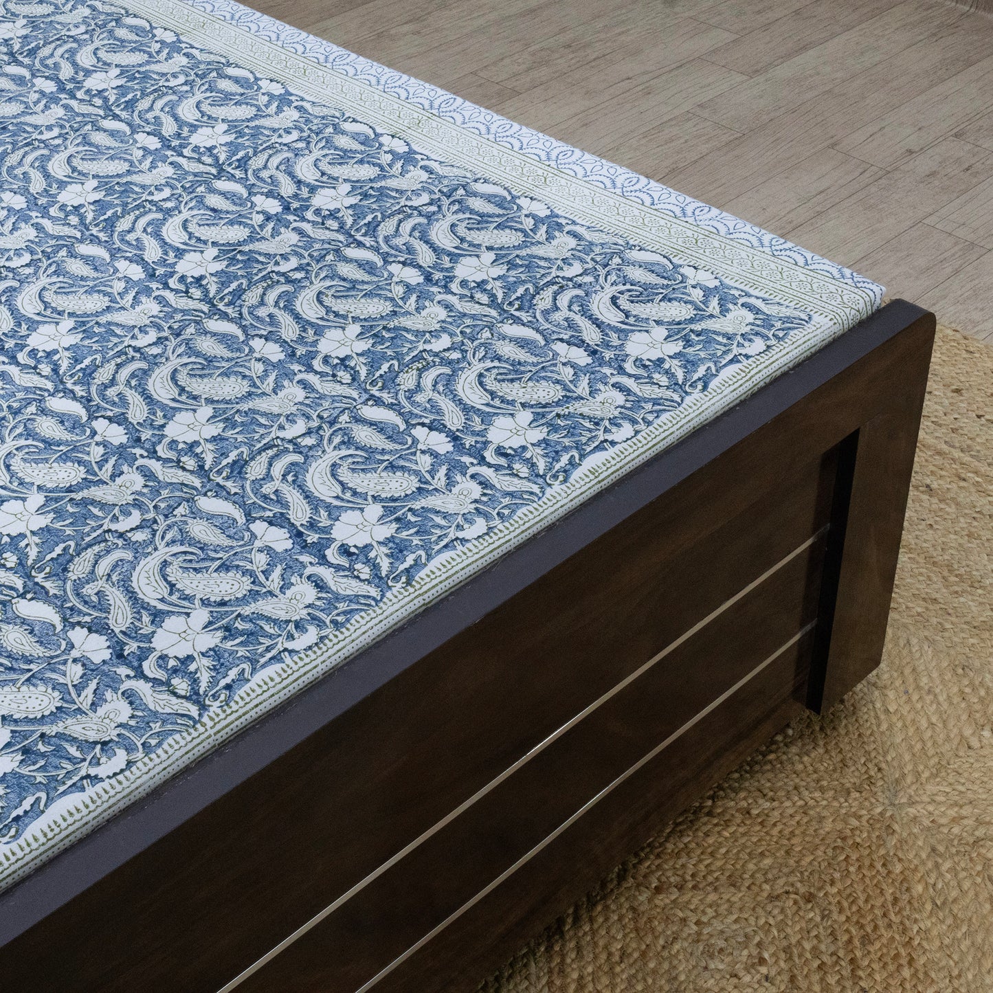 Indian Handmade Block Printed Blue and Gray Floral Pattern Cotton Bed sheet For living Room, Kids Room - My Store