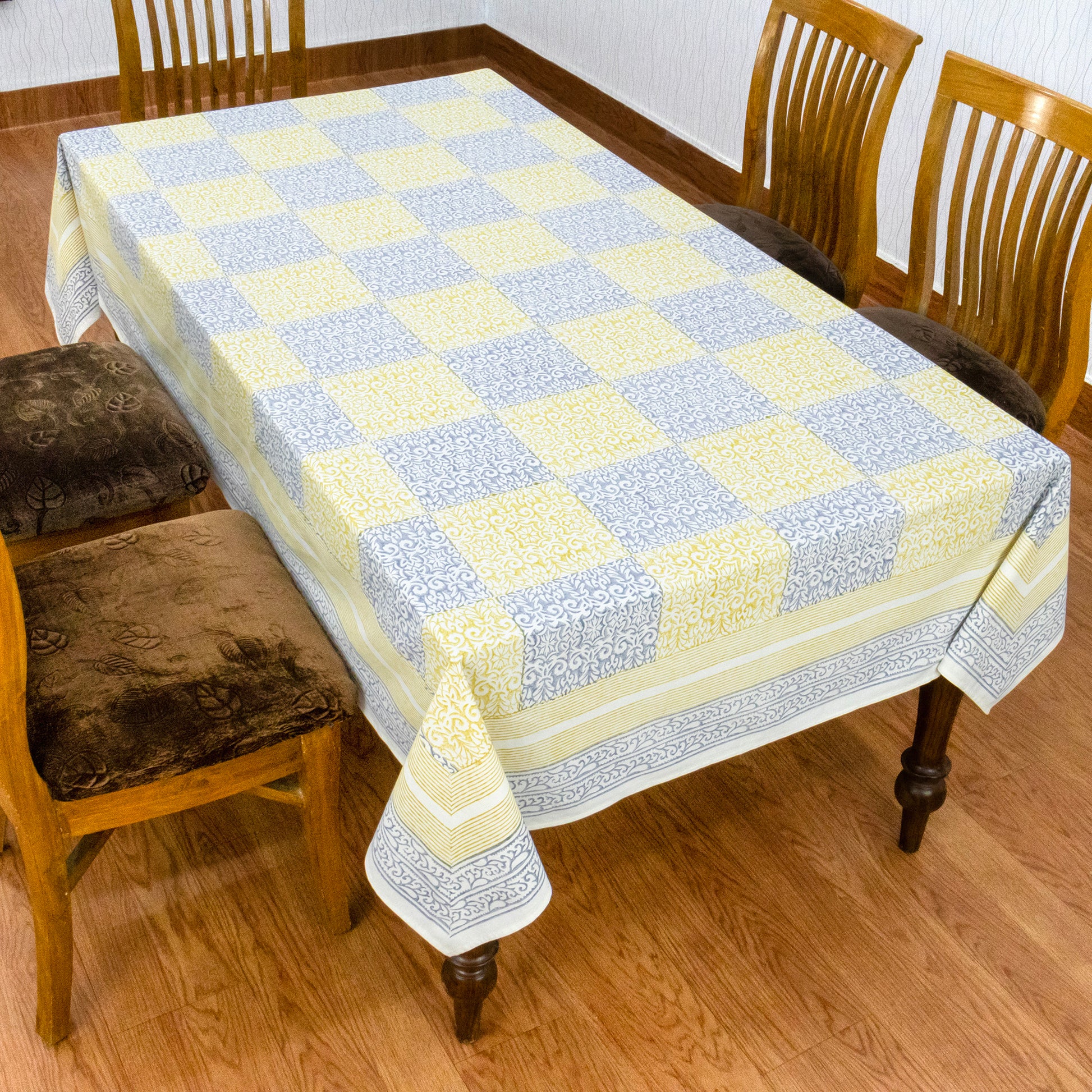 Indian Handmade Block Printed Cotton Yellow and Blue Rectangle Tablecloth - My Store