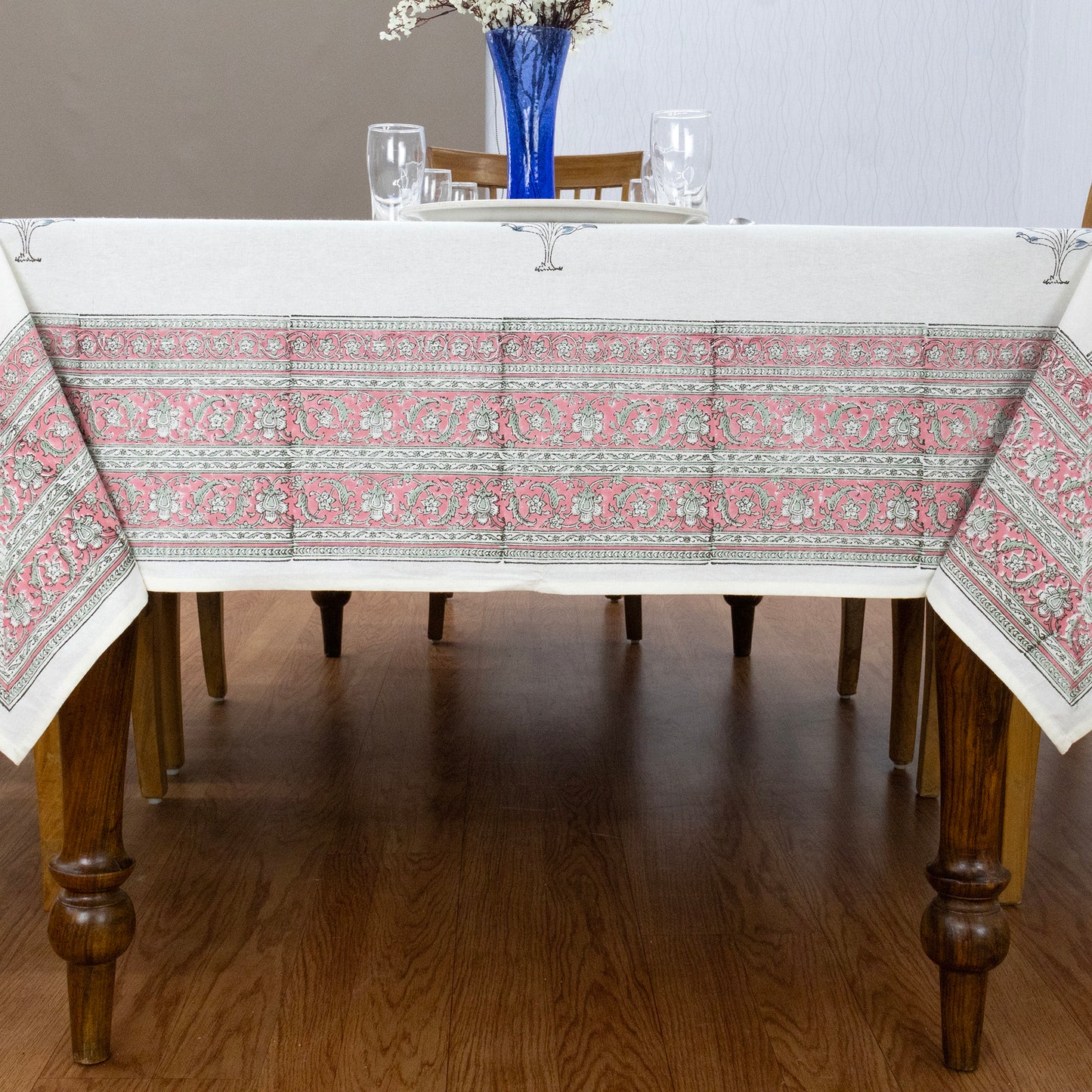 Indian Handmade Block Printed Cotton White and Pink Rectangle Tablecloth - My Store